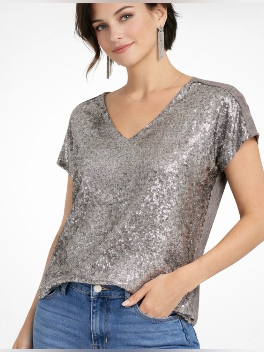 Stella & Dot Renegade Sequin Metallic Top NWT Sz XS Ret $119. Relaxed Fit , Gray